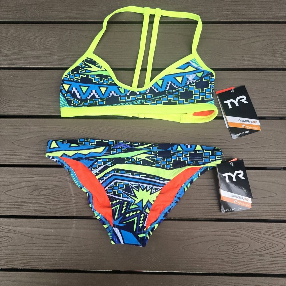 TYR Women's Durafast Whaam Multicolor Valleyfit Workout Bikini Size S (4/6) NEW